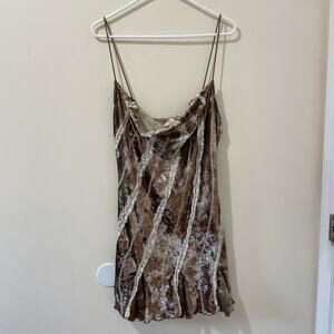 Y2K Brown Velvet Cream Lace Ruffled Spaghetti Strap Mini Dress Fairy Grunge XL